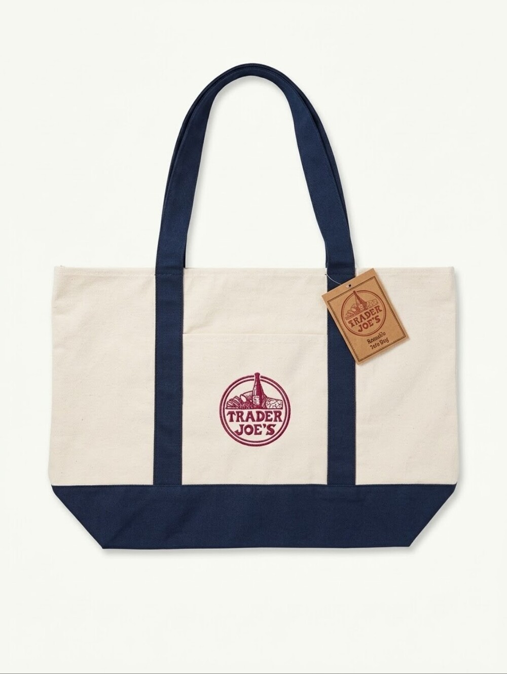 NWT Trader Joe’s Classic Canvas Tote Bag | Navy & Cream Large Heavy Duty Eco Bag